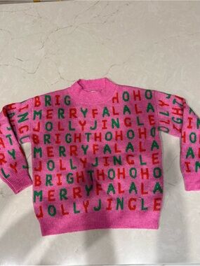 F&F Pink Knit Sweater with Red & Green Holiday Text